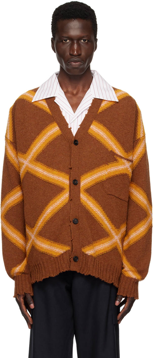 MARNI BROWN & ORANGE BROKEN MACRO ARGYLE CARDIGAN 