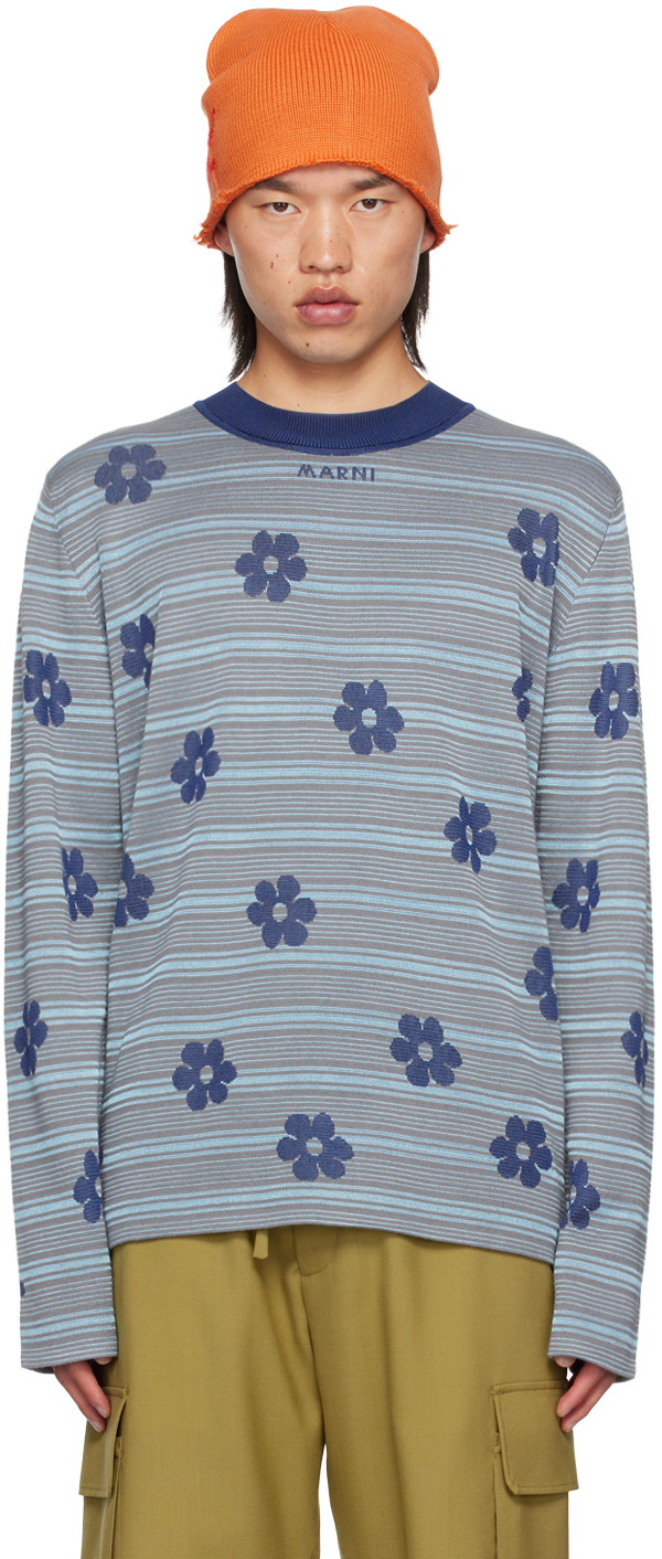 Shop Marni Blue Striped Floral Sweater In Flb57 Mazarine Blue