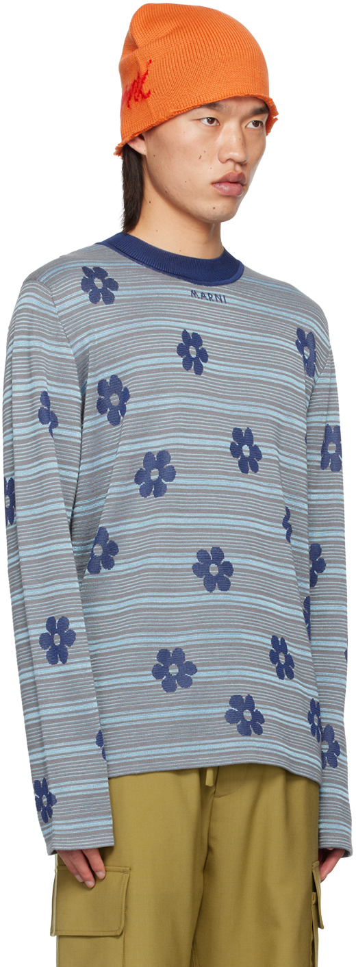 Shop Marni Blue Striped Floral Sweater In Flb57 Mazarine Blue