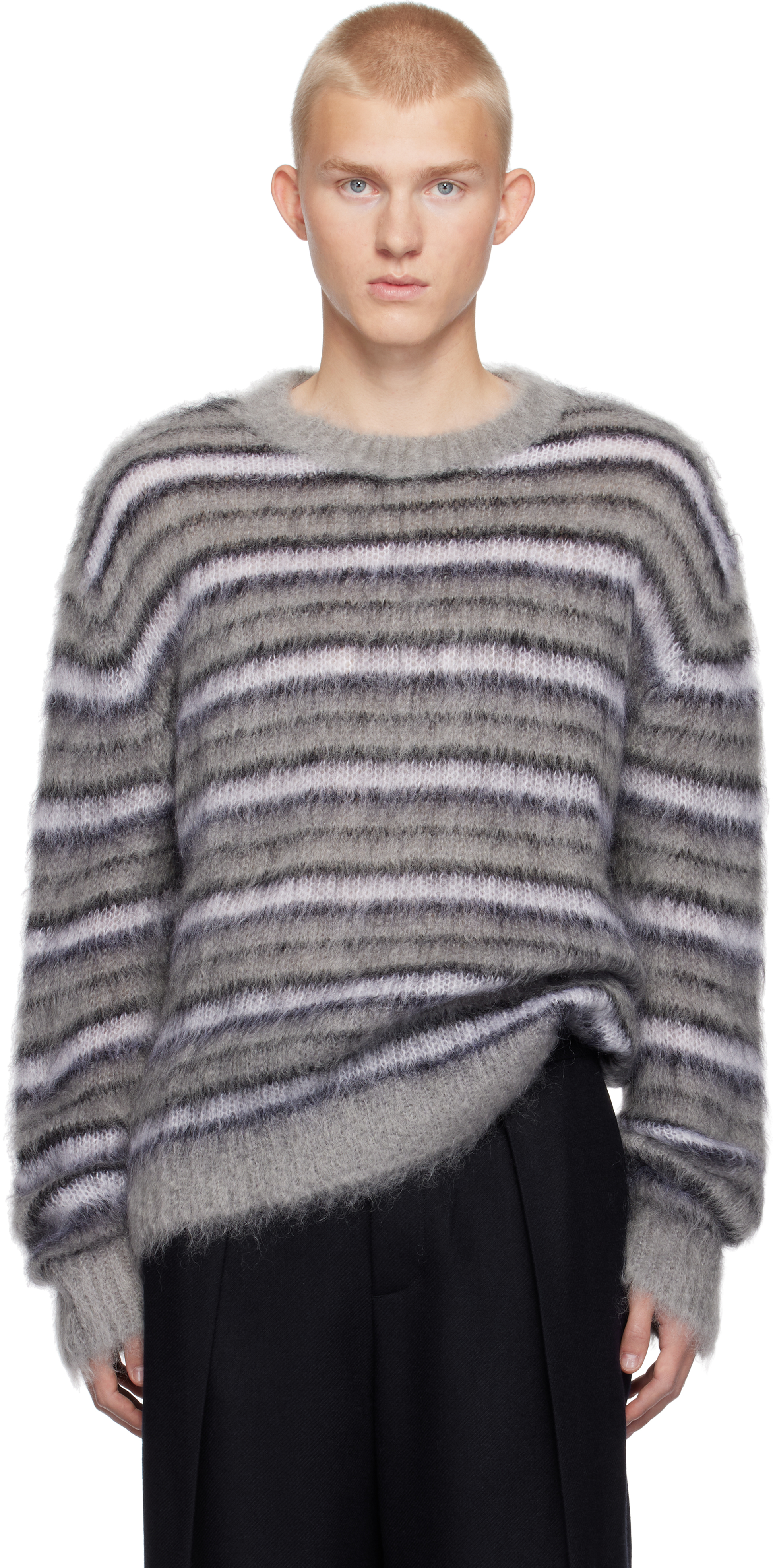 MARNI GRAY FUZZY WUZZY STRIPED SWEATER 