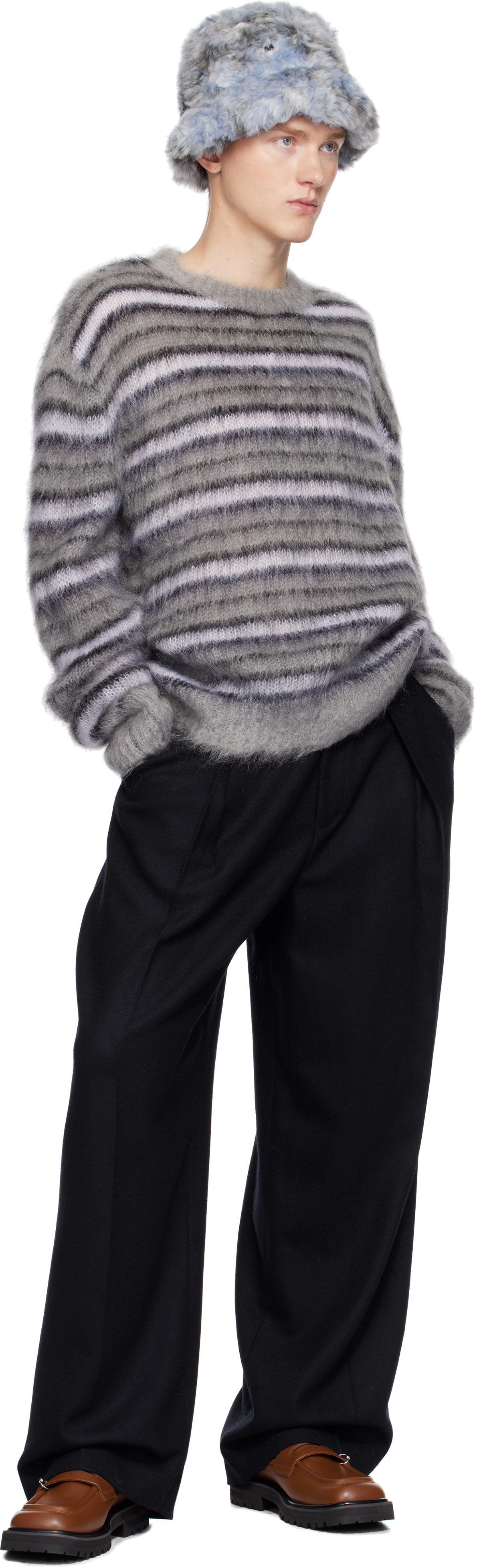 Marni Gray Fuzzy Wuzzy Striped Sweater In Rgn42 Antique Silver