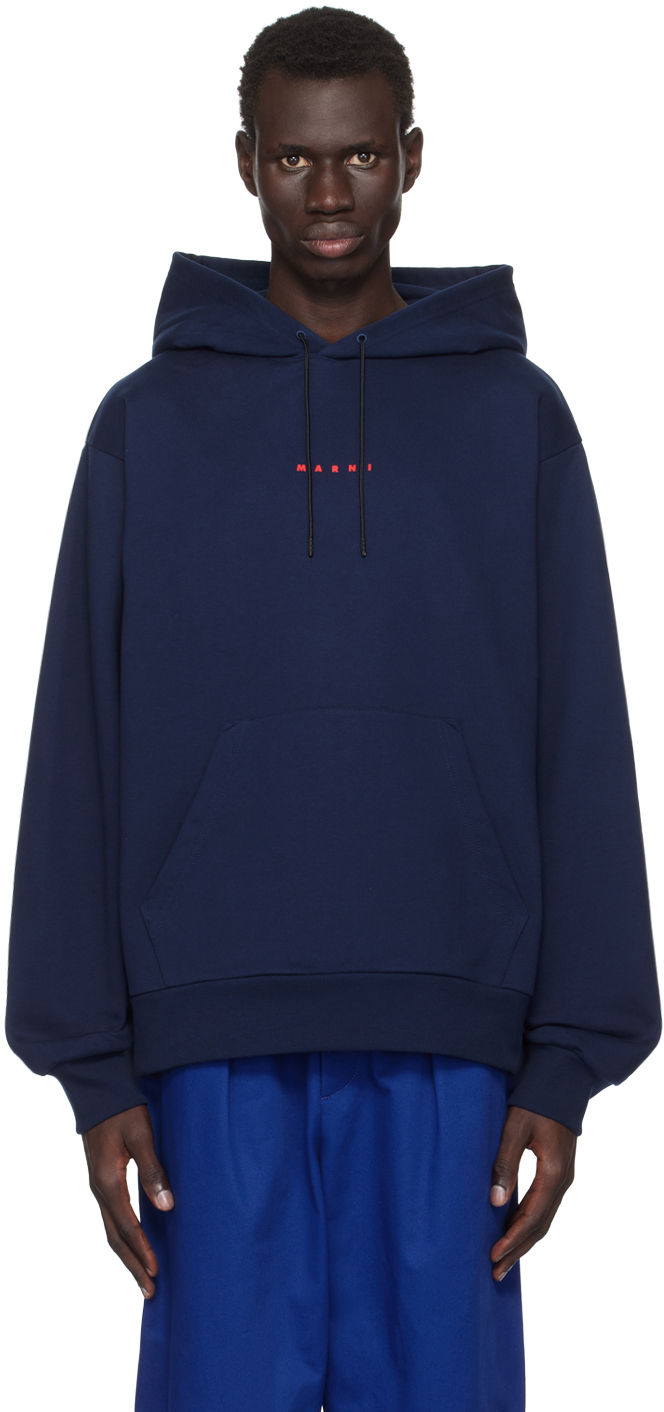 Shop Marni Navy Printed Logo Hoodie In Lob95 Blue Kyanite