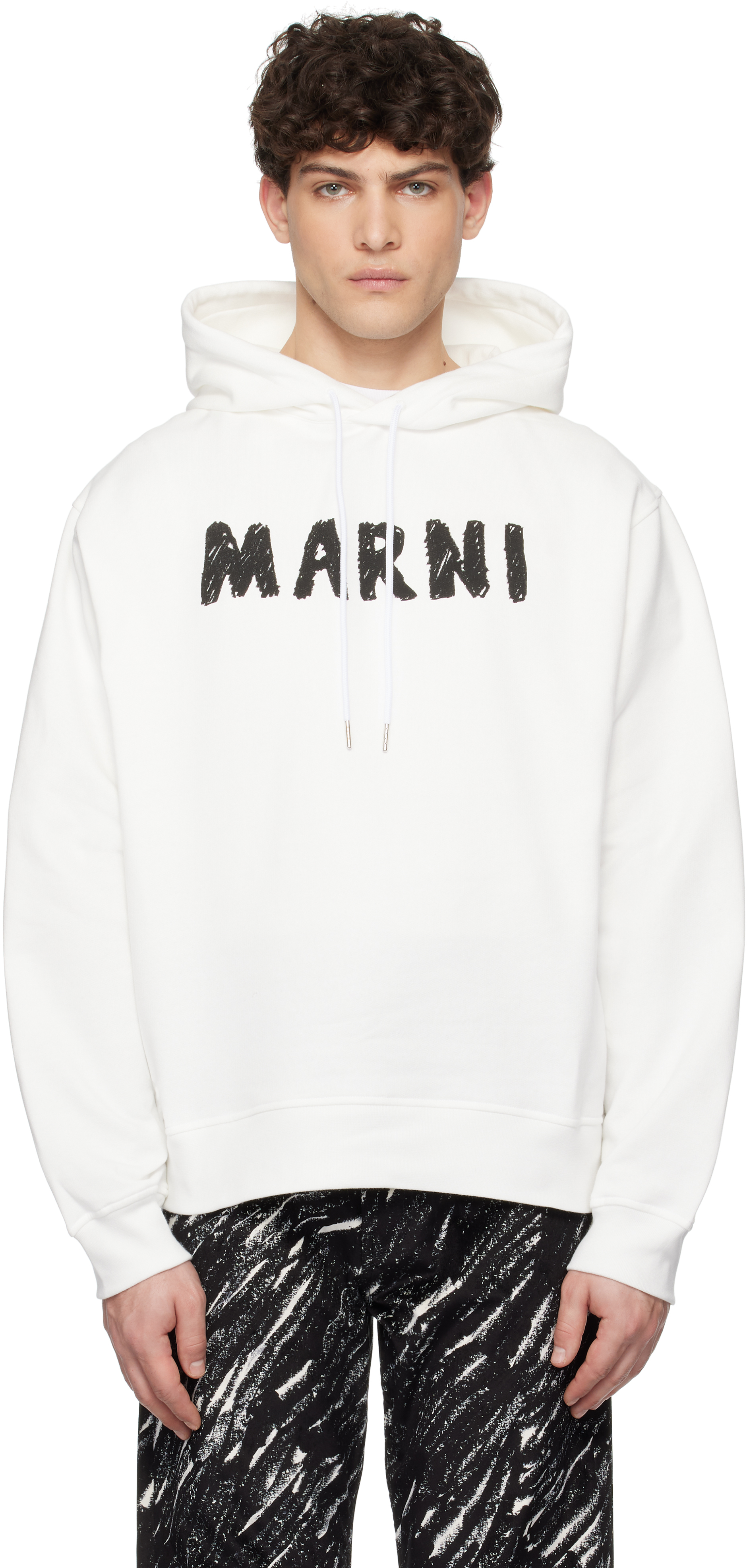 Marni: White Crayon Logo Print Organic Hoodie | SSENSE Marni: White Crayon Logo Print Organic Hoodie | SSENSE