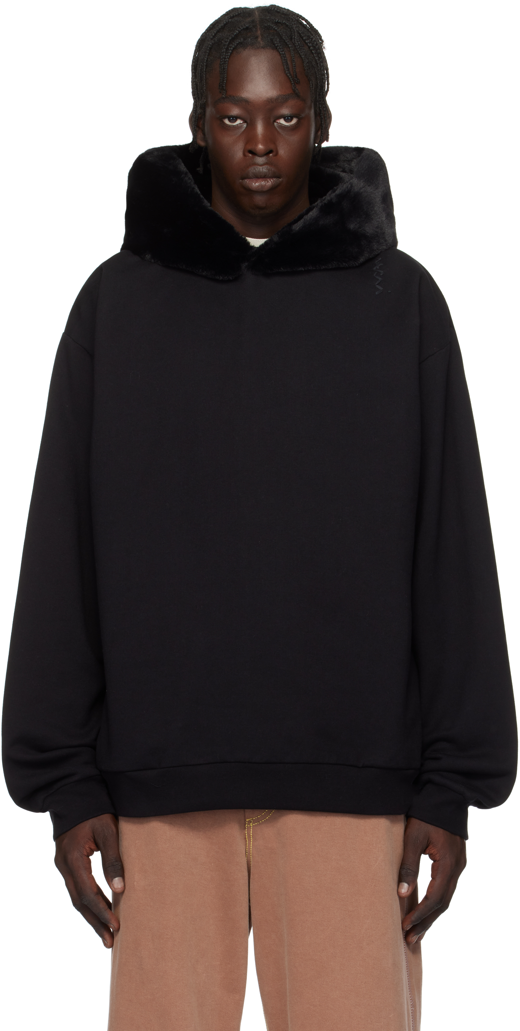 Black Brushed Organic Cotton & Faux-Fur Hoodie