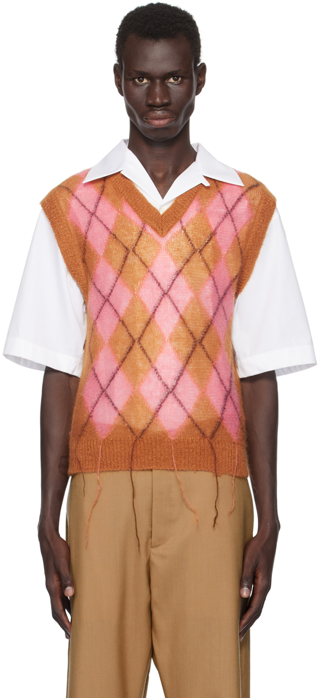 Shop Marni Brown & Pink Argyle Vest In Arc33 Camelia