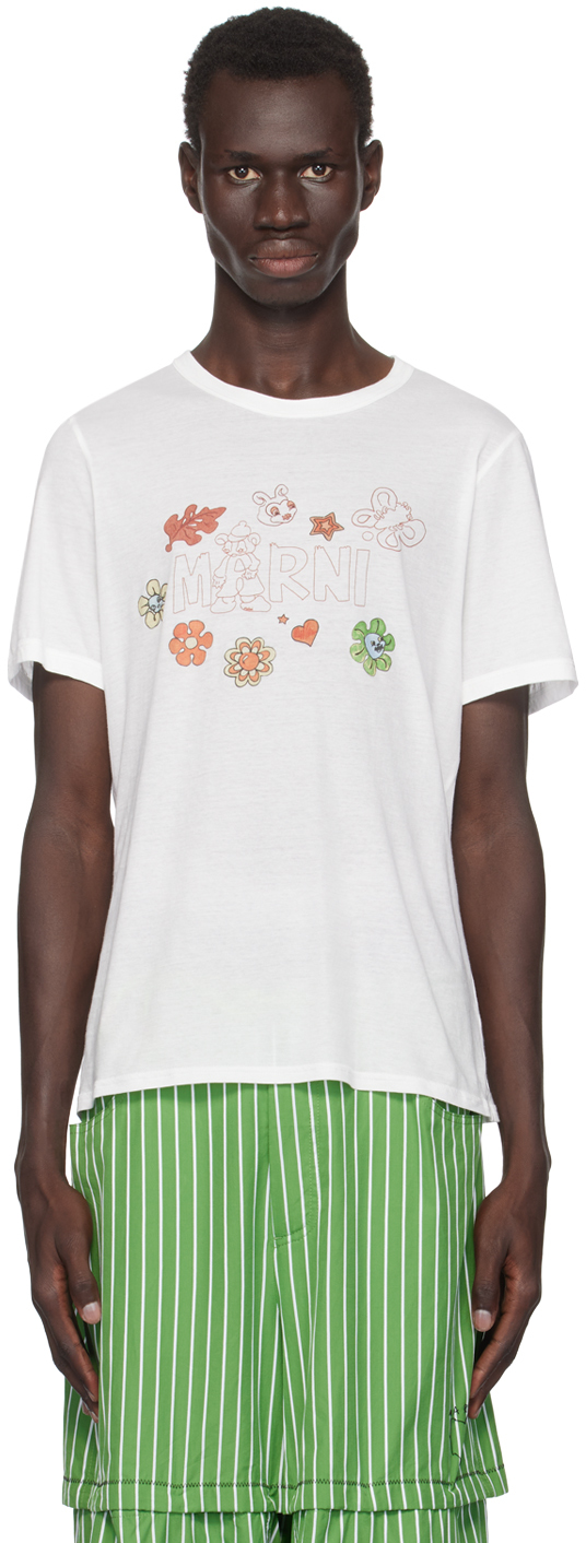 Shop Marni White Printed T-shirt In Fcw01 Lily White