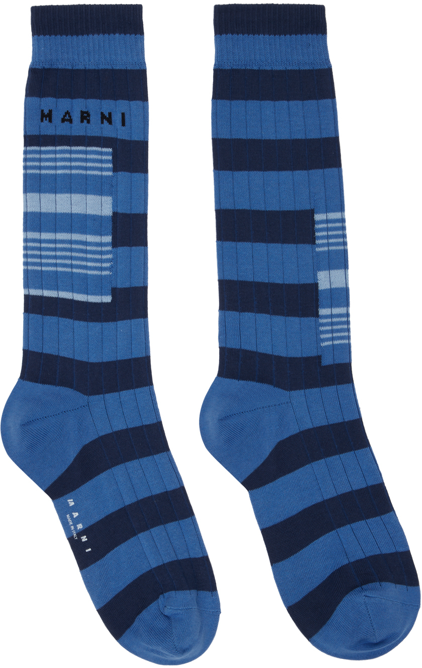 Shop Marni Blue Contrast Stripes Socks In Rgb52 Azure