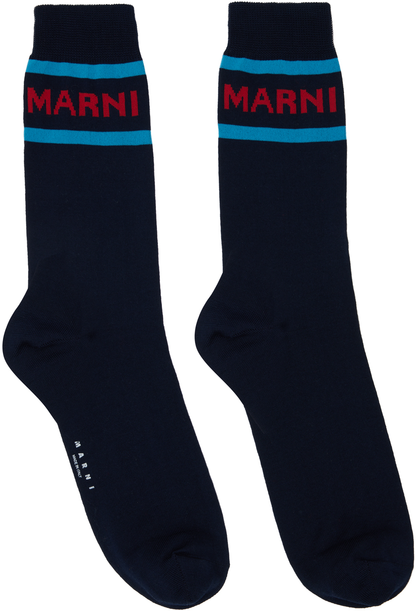 Shop Marni Navy Logo Cuffs Socks In 00b84 Eclipse