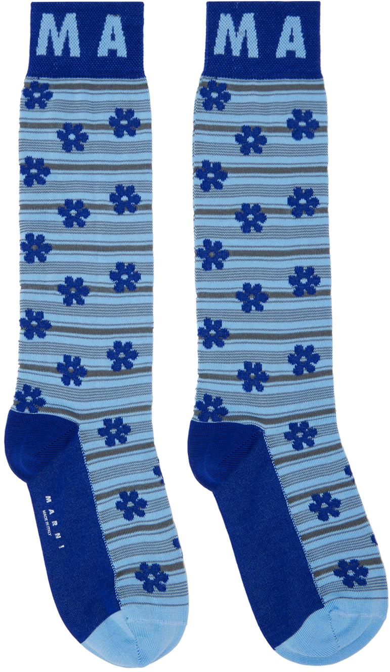 Blue Flower Jacquard Socks