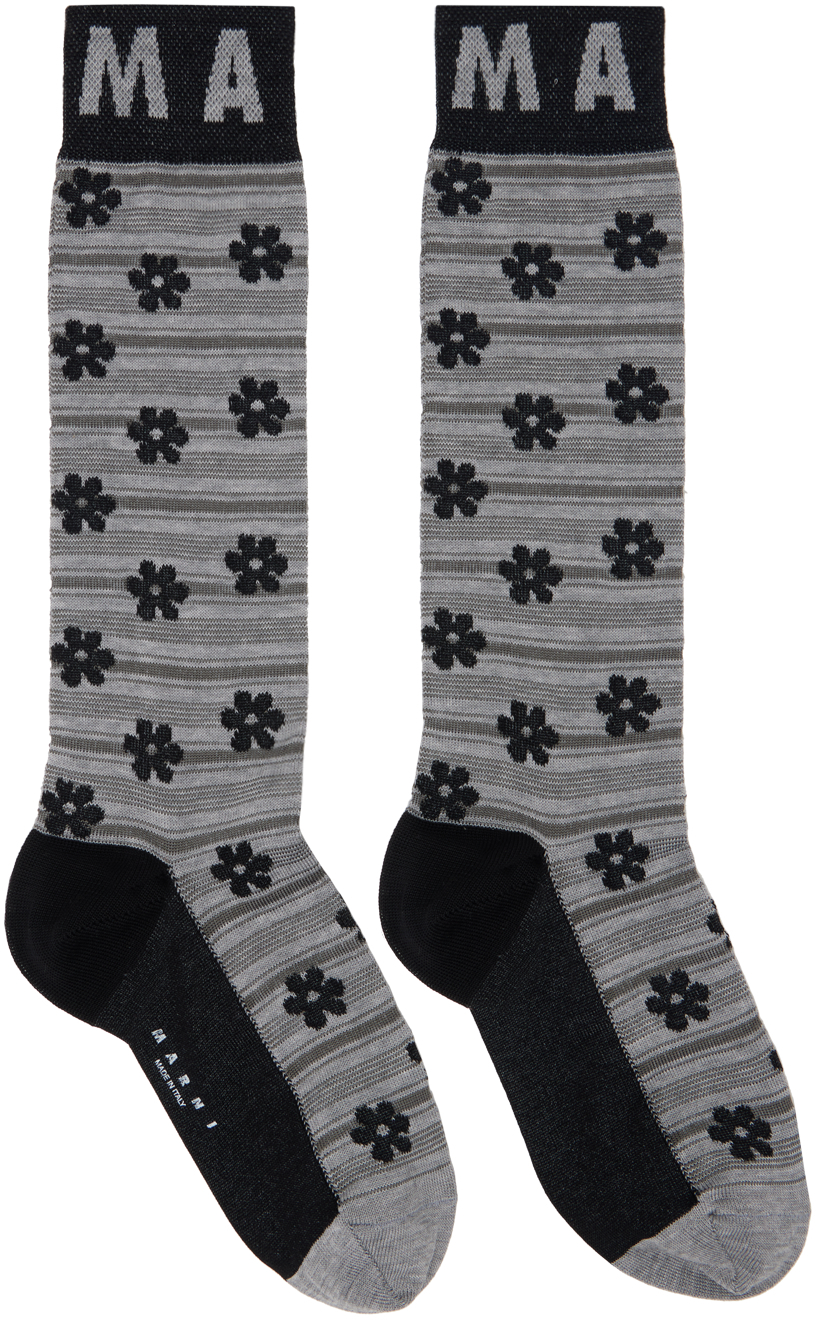 Gray & Black Flower Jacquard Socks