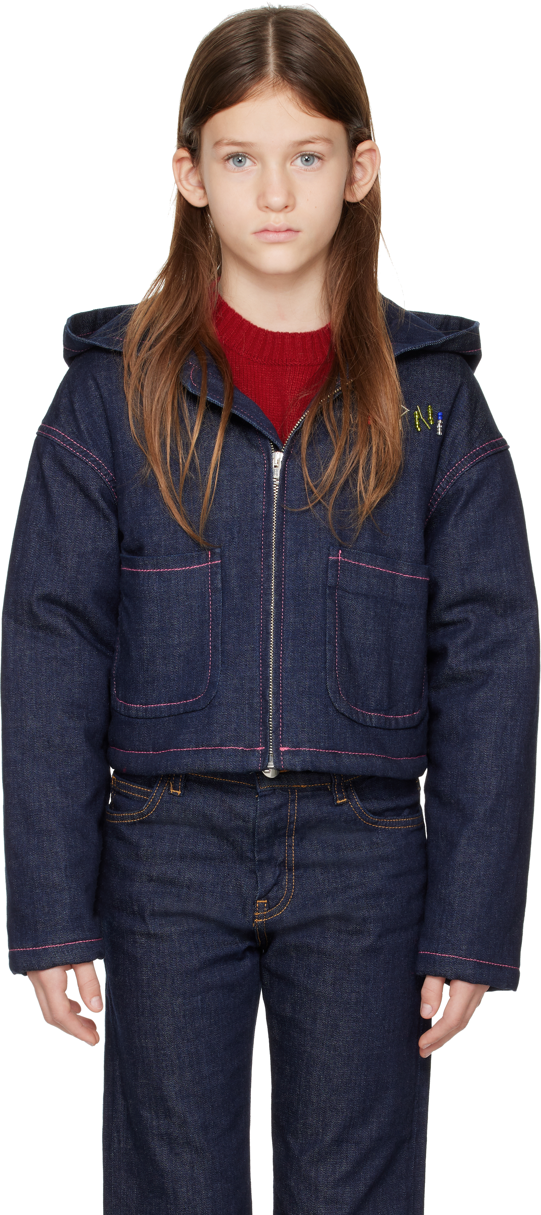 Marni Kids Navy Zipped Denim Jacket In 0m01