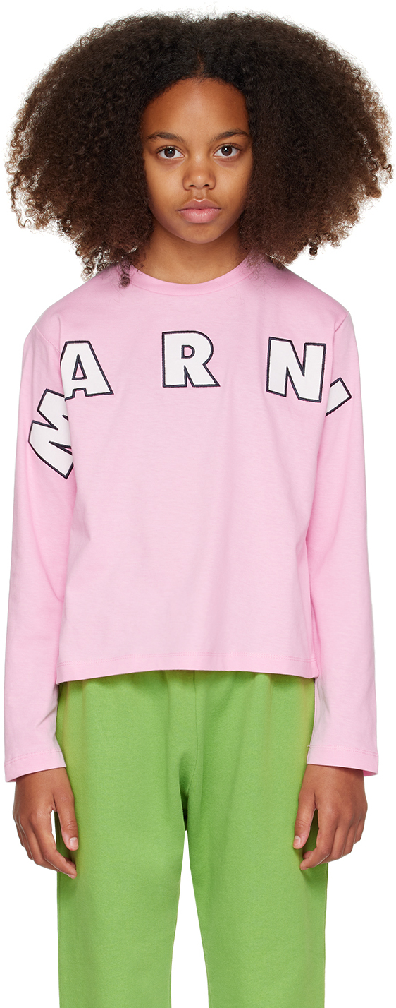 Shop Marni Kids Pink Logo Appliqué Long Sleeve T-shirt In 0m345