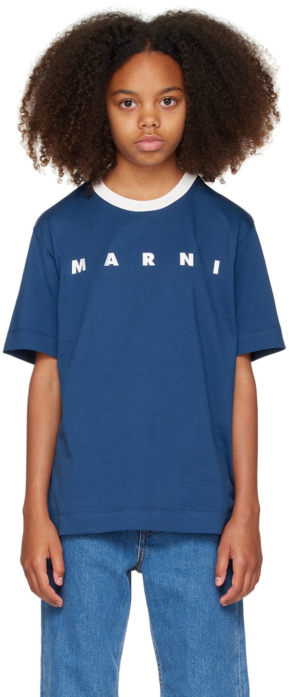 Shop Marni キッズ｜ブルー ロゴプリント Tシャツ In 0m850