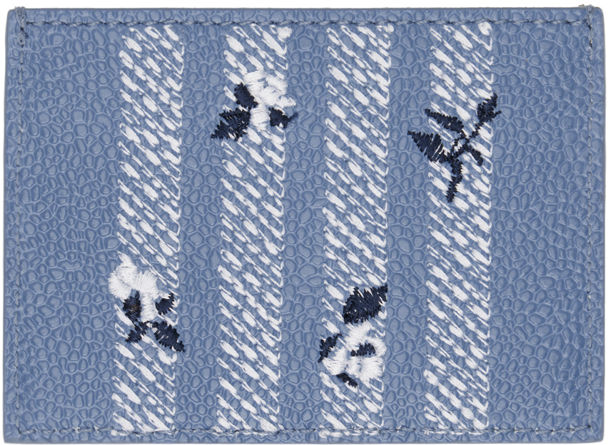 Thom Browne Blue Pebble Grain Rose 4-bar Single Card Holder In 450 Blue