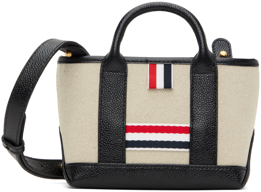 Shop Thom Browne Black & Beige Cotton Canvas Mini Tool Tote In 001 Black