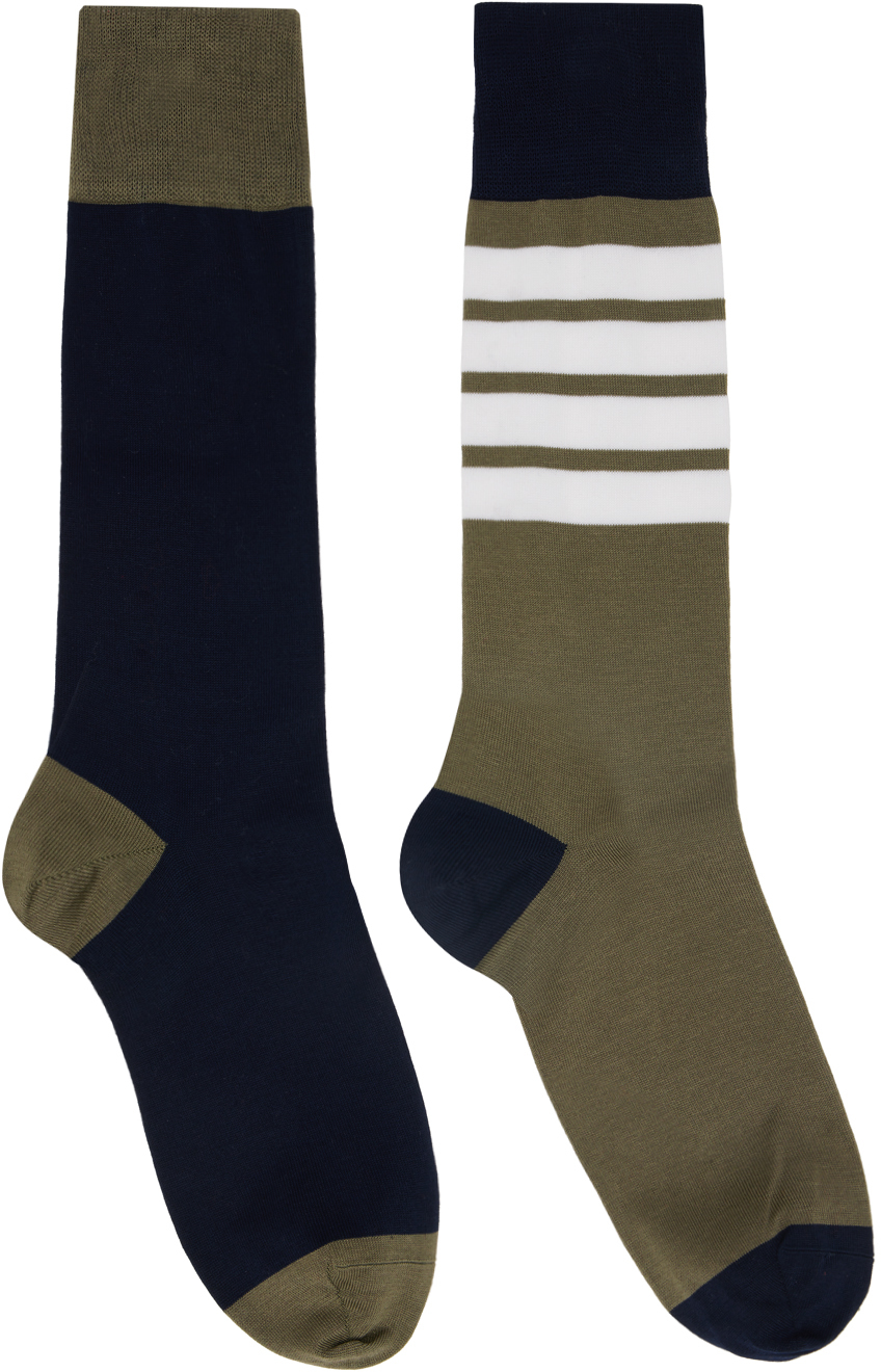 Shop Thom Browne Khaki & Navy Funmix Cotton 4-bar Socks In 320 Dk Green