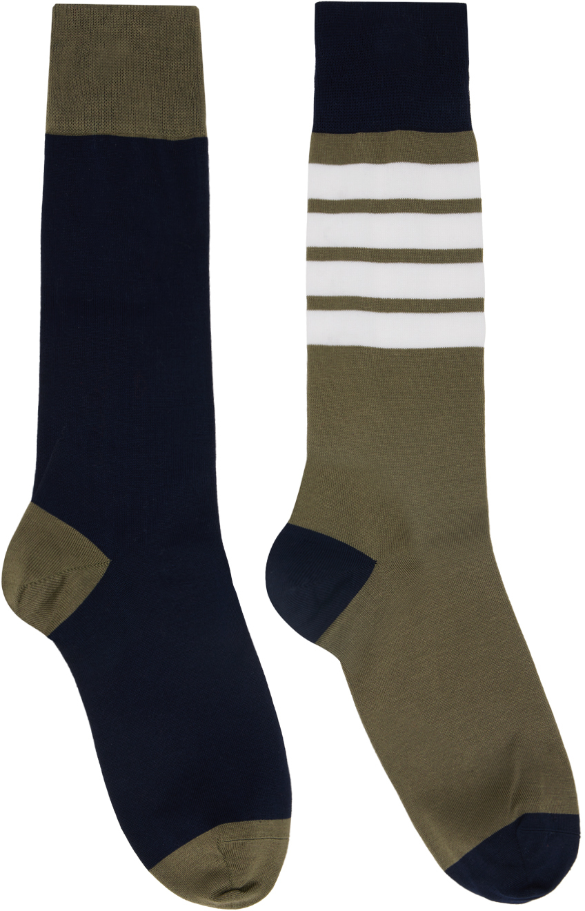 Khaki & Navy Funmix Cotton 4-Bar Socks