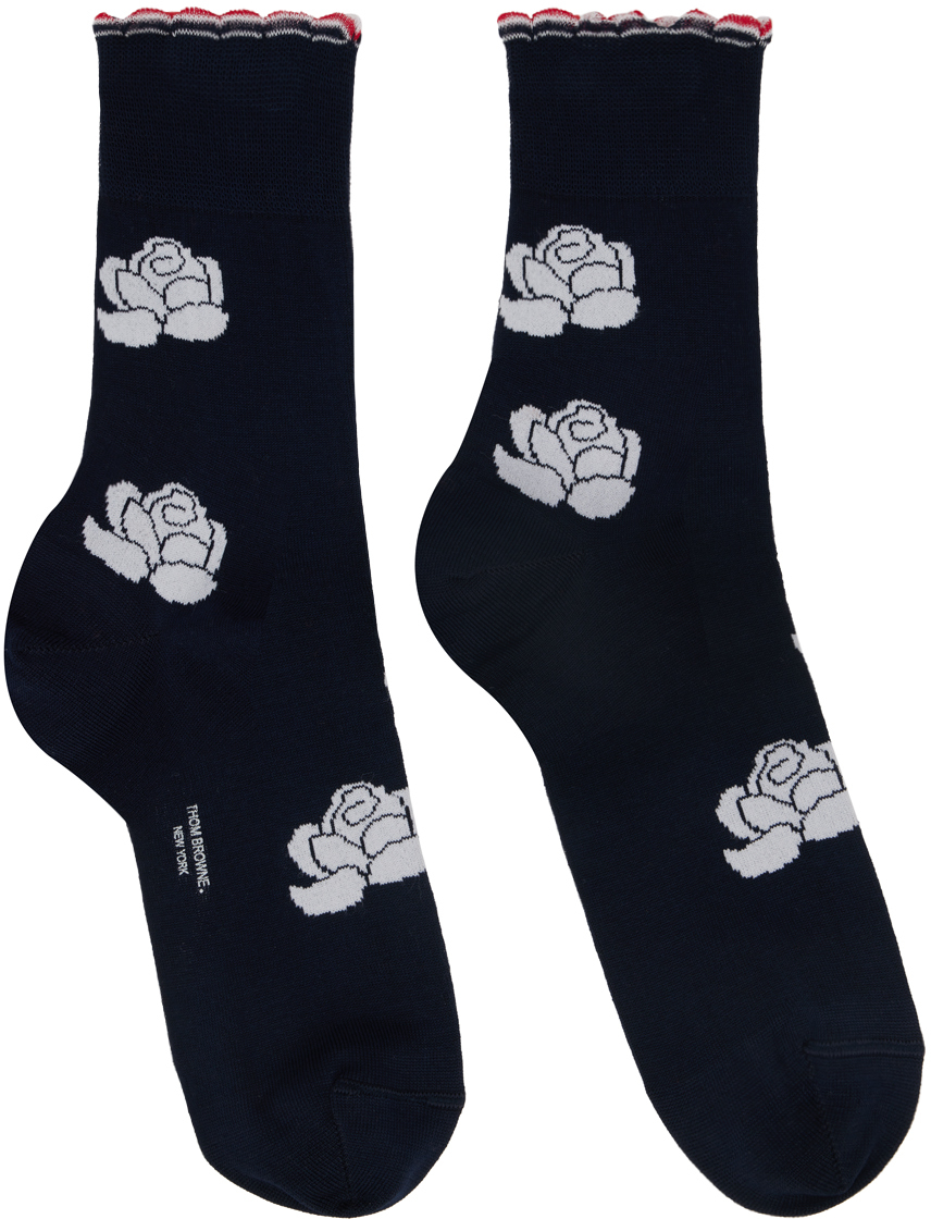 Shop Thom Browne Navy Cotton Rose Ankle Socks In 415 Navy