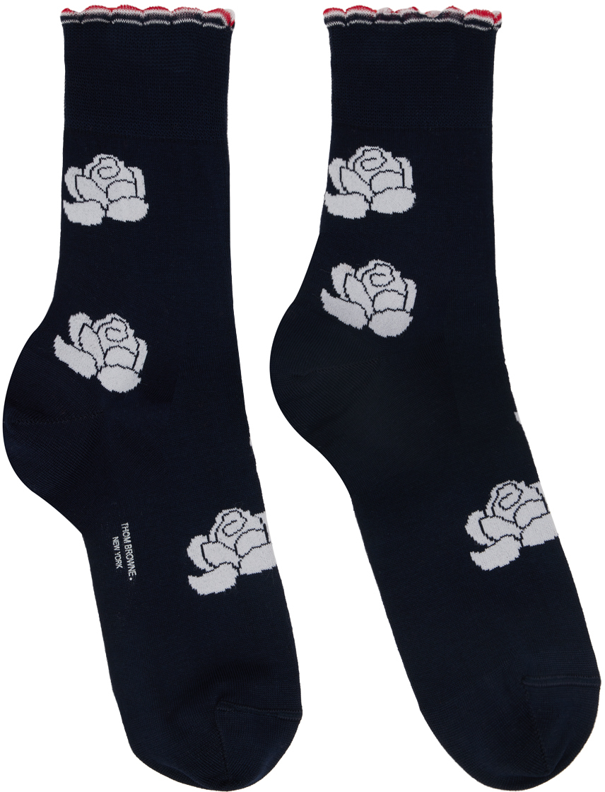 Navy Cotton Rose Ankle Socks