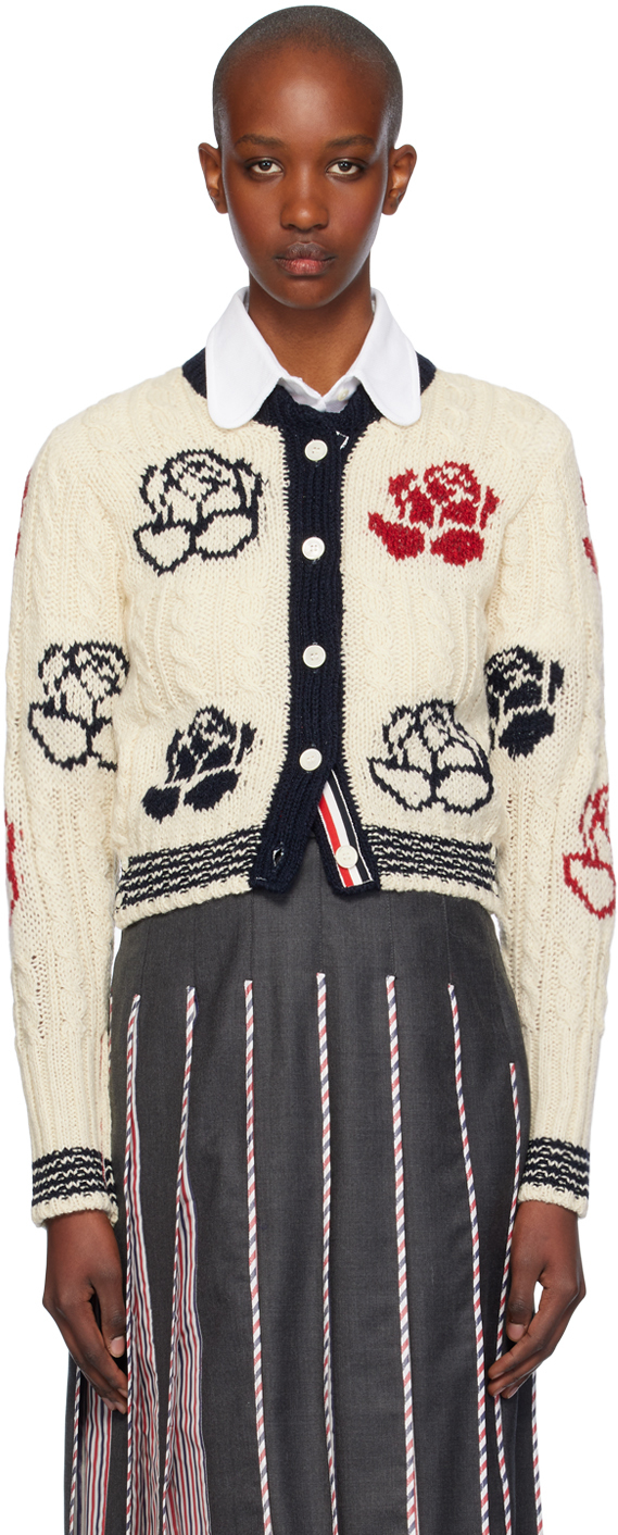 Thom Browne Off-white Donegal Cable & Rose Cropped Cardigan In 100 White