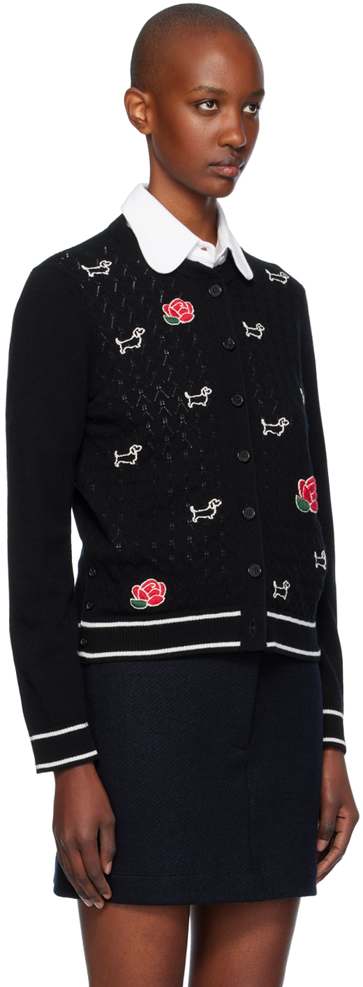 Thom Browne Black Pointelle Jersey Hector & Rose Cardigan In 001 Black