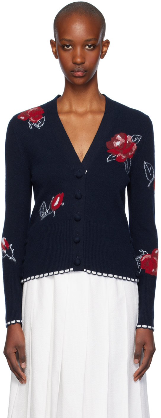 Thom Browne Rose Intarsia-knit Cardigan In 415 Navy