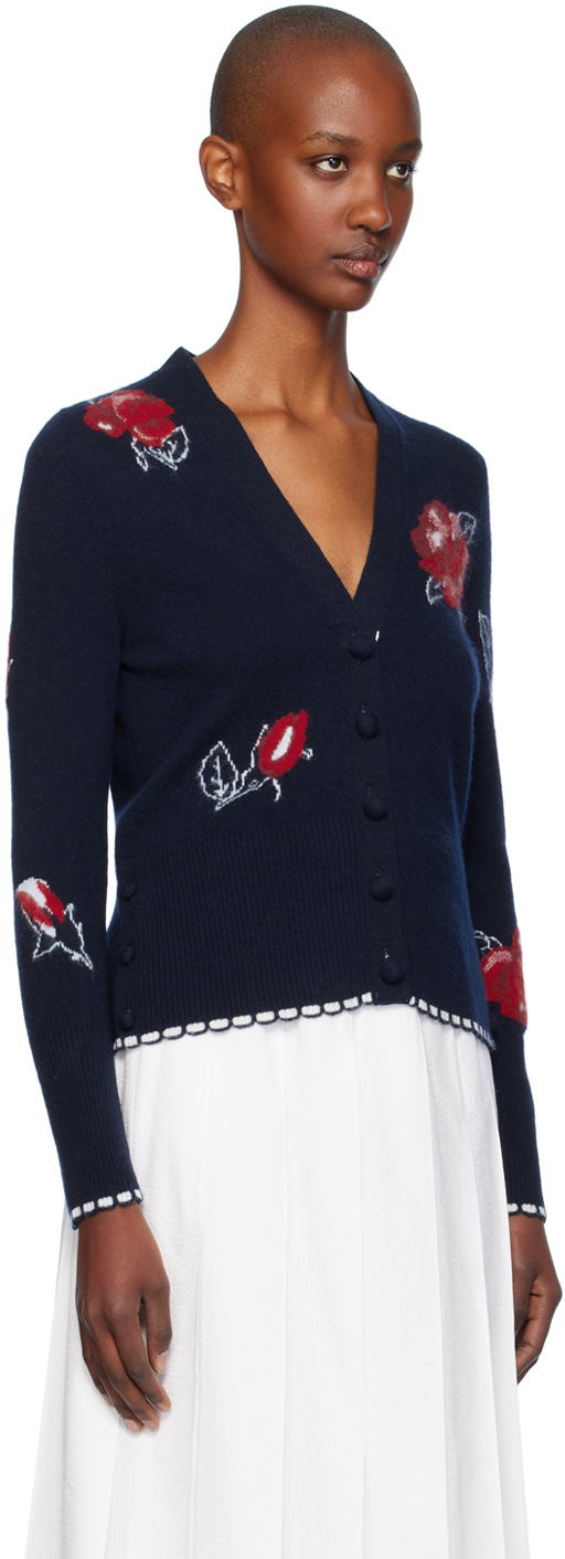 Thom Browne Rose Intarsia-knit Cardigan In 415 Navy