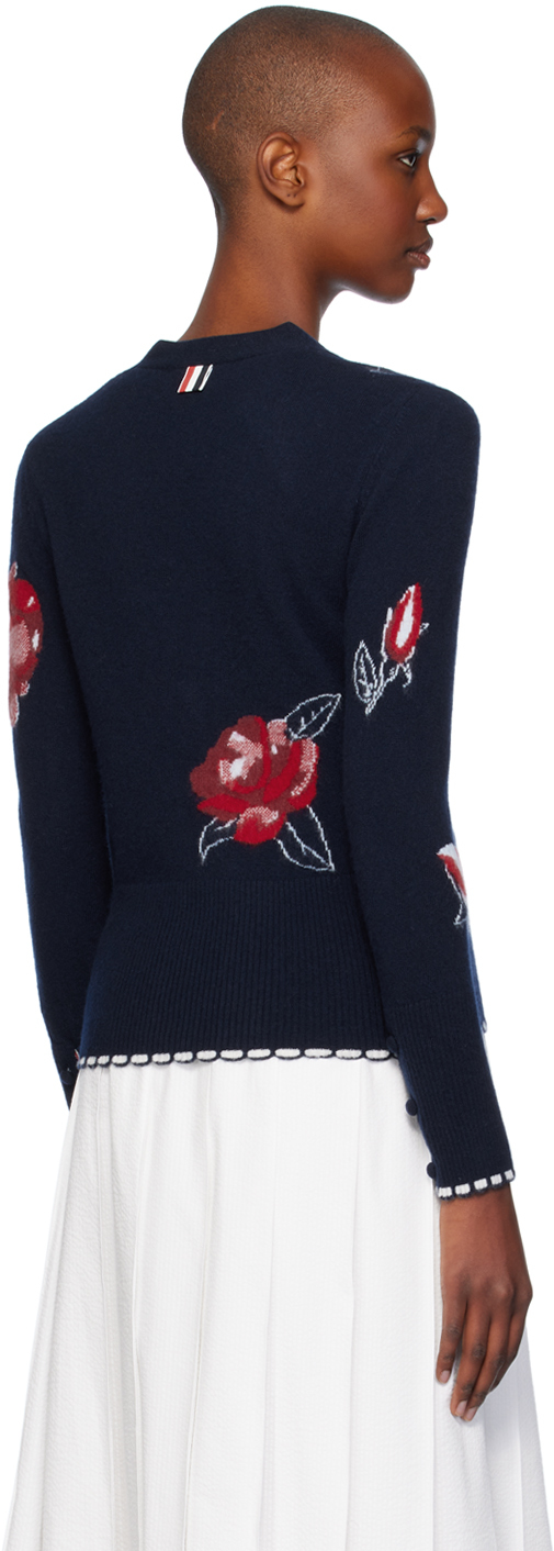 Thom Browne Rose Intarsia-knit Cardigan In 415 Navy