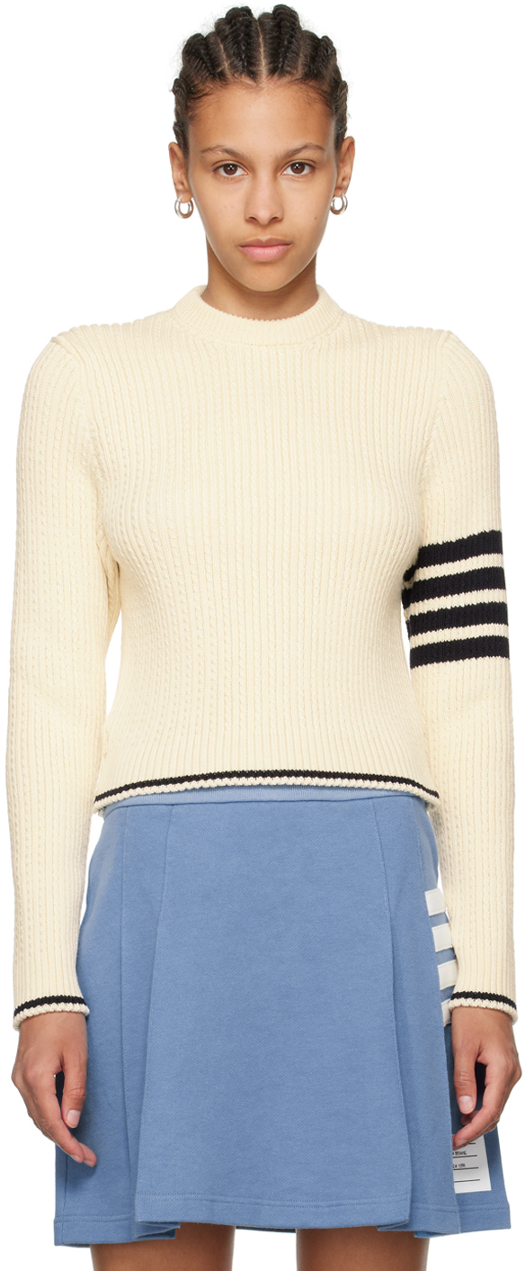 Shop Thom Browne Off-white 4-bar Sweater In 100 White