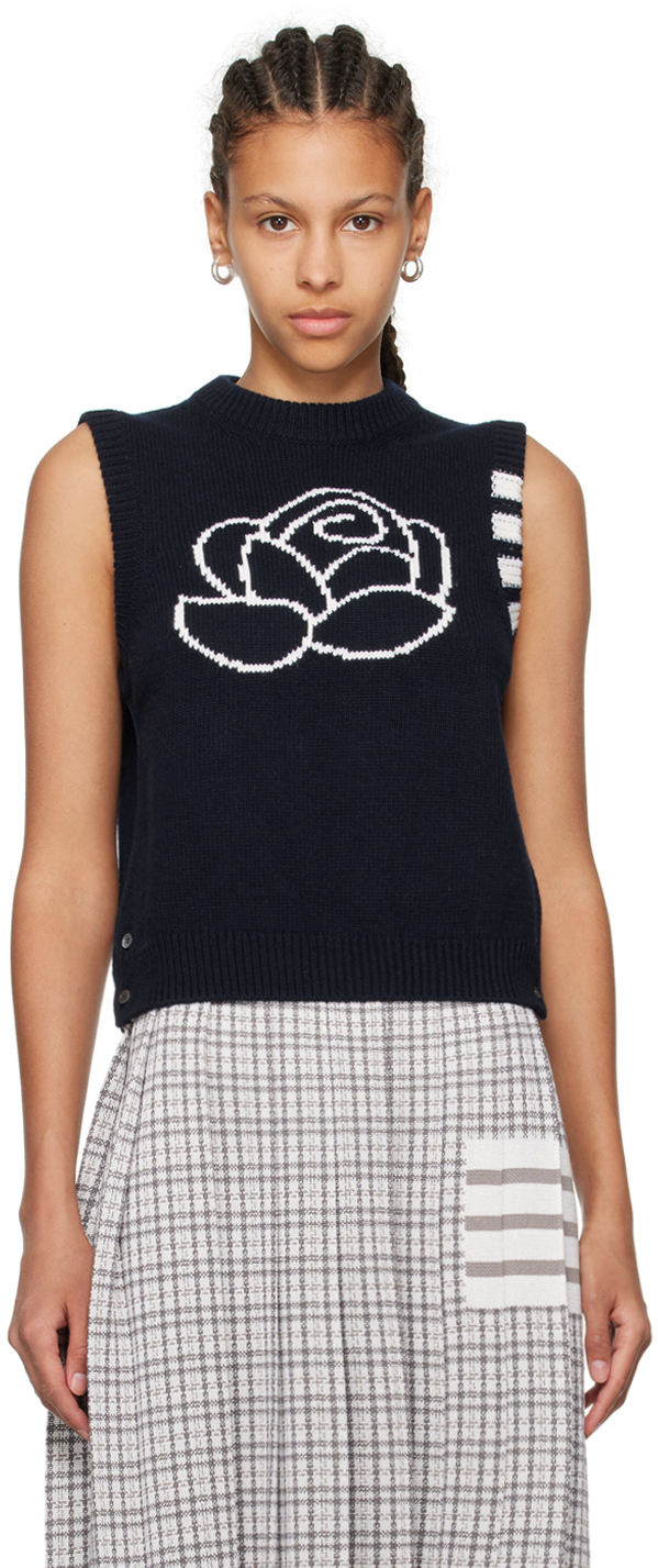 Shop Thom Browne Navy 4-bar Rose Icon Vest In 415 Navy