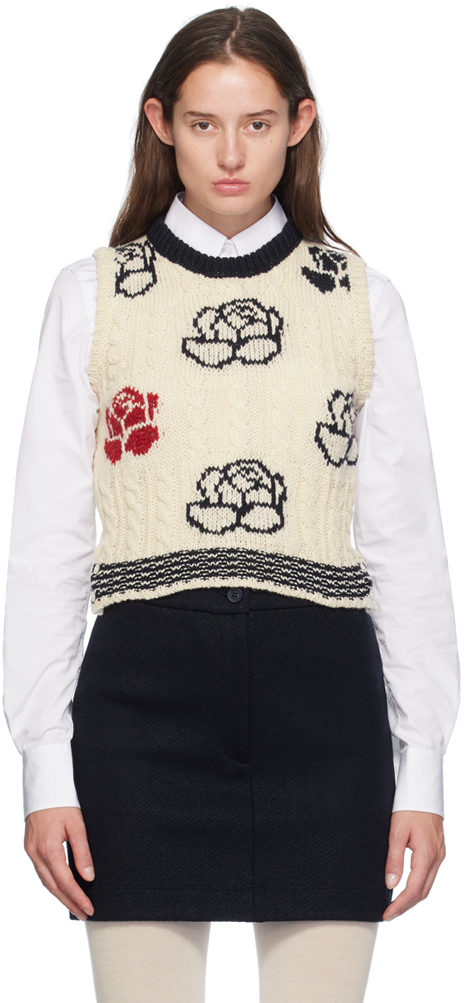 Shop Thom Browne White Donegal Cable Check & Rose Vest In 100 White