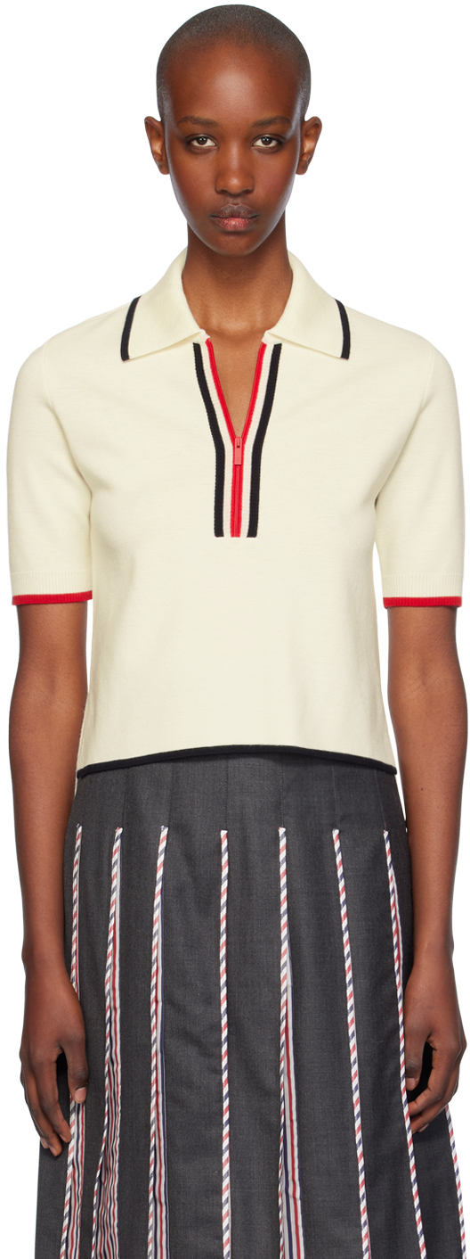 Shop Thom Browne Off-white Wool Zip-up Polo In 100 White