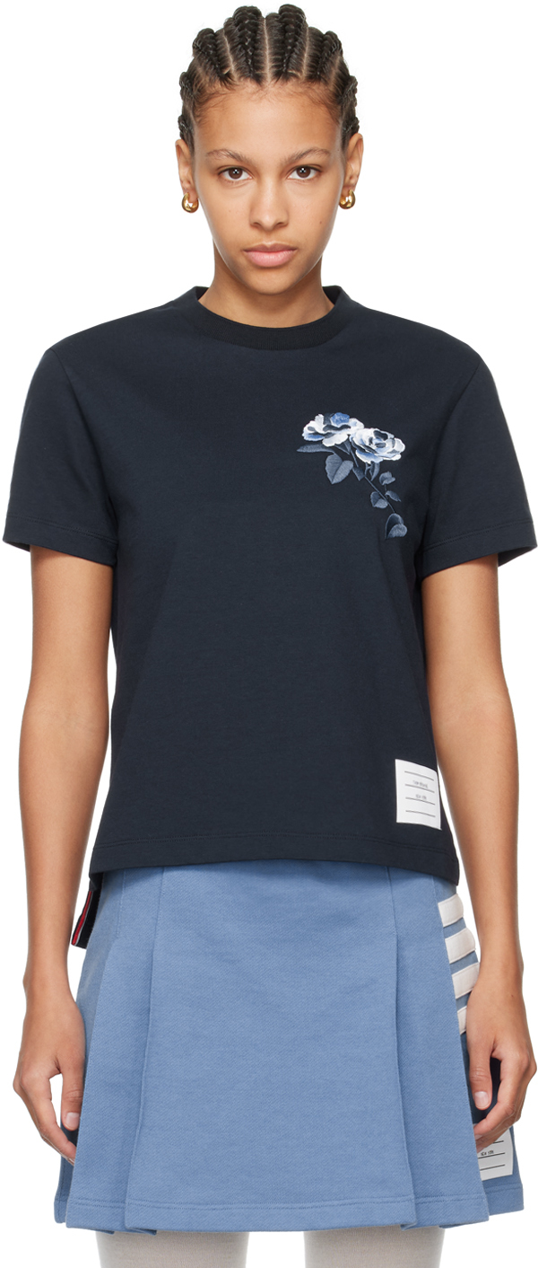 Shop Thom Browne Navy Rose T-shirt In 415 Navy