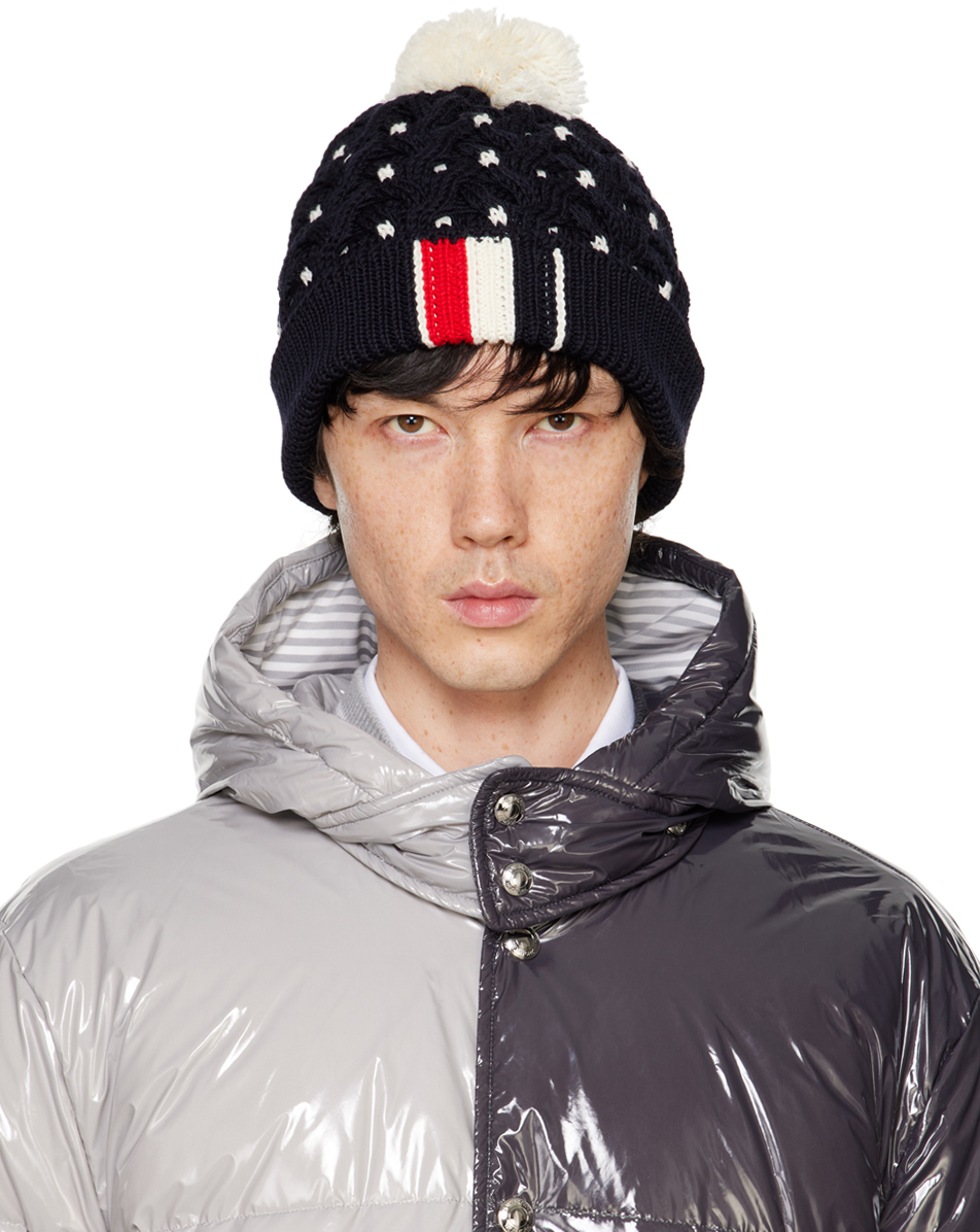 Shop Thom Browne Navy Cable Rwb Striped Beanie In 415 Navy