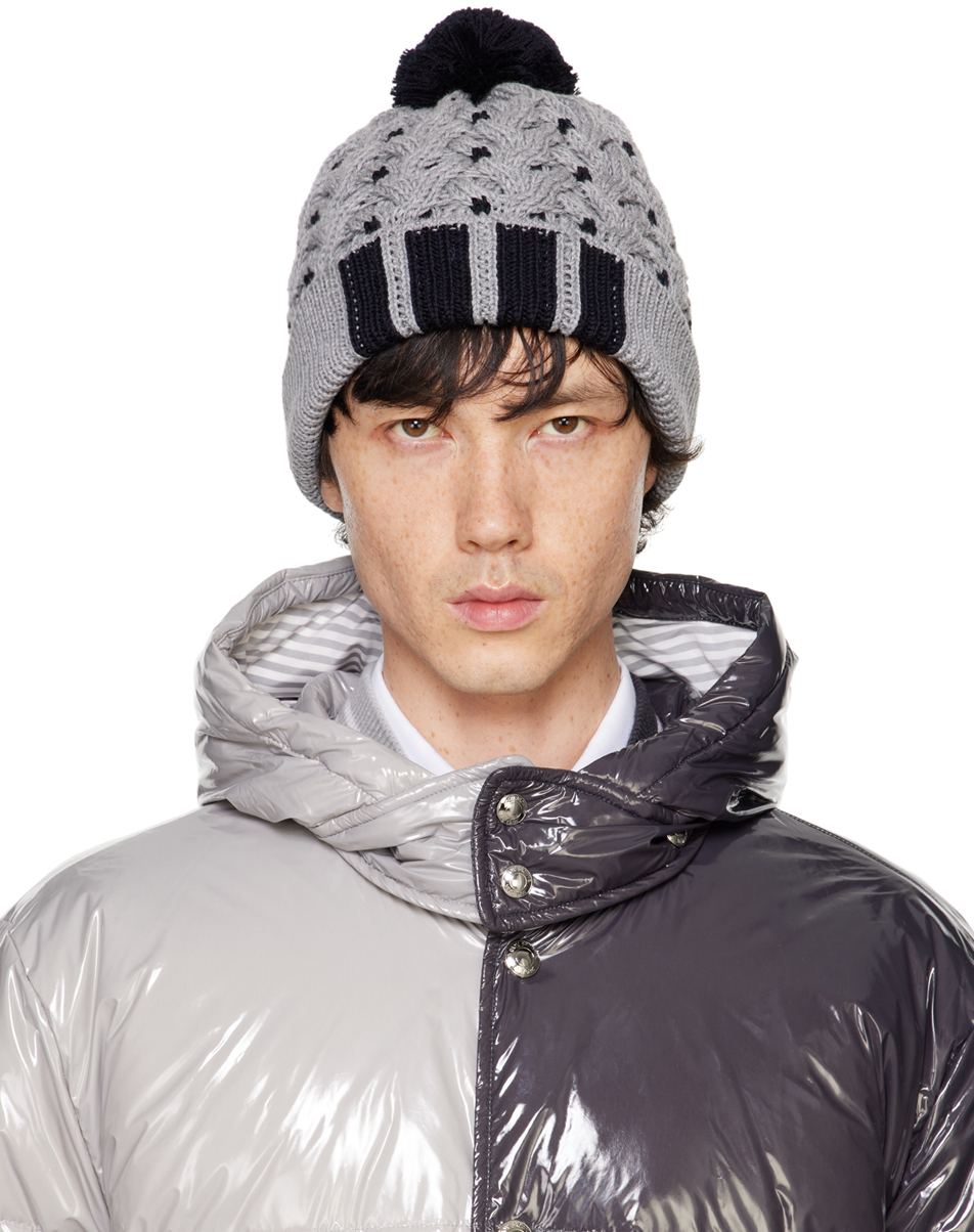 Shop Thom Browne Gray & Black Cable Rwb Striped Beanie In 055 Lt Grey