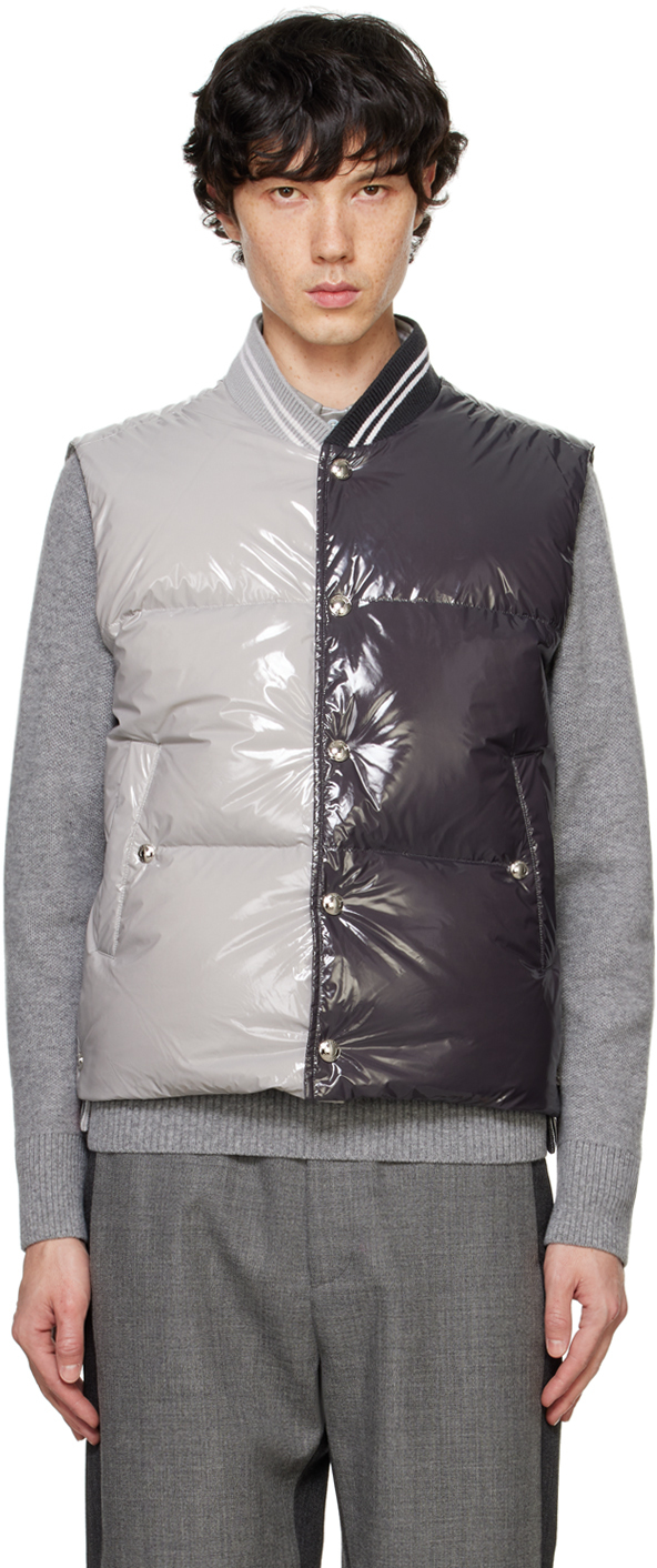 THOM BROWNE GRAY FUNMIX GLOSSY TECH DOWN VEST