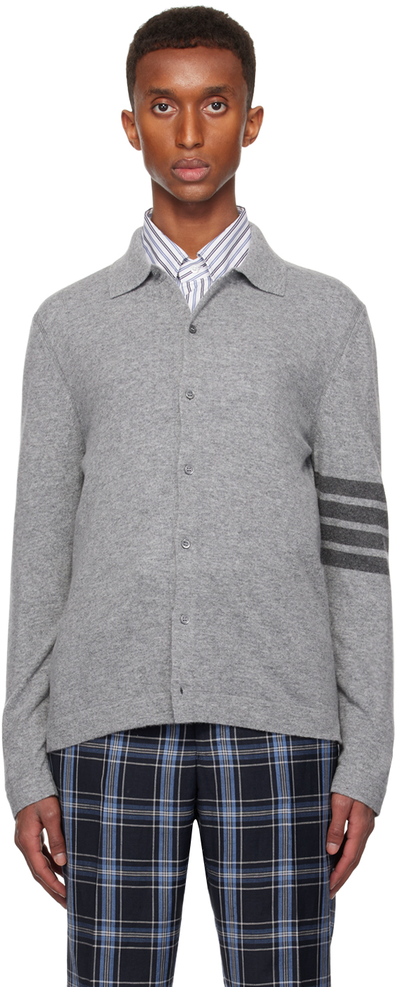 Shop Thom Browne Gray Cashmere Jersey Stitch 4-bar Cardigan In 055 Lt Grey