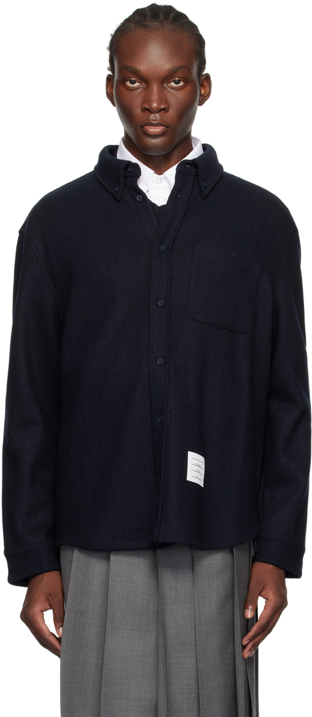 Shop Thom Browne Navy Oversized Button Down Shirt In 415 Navy