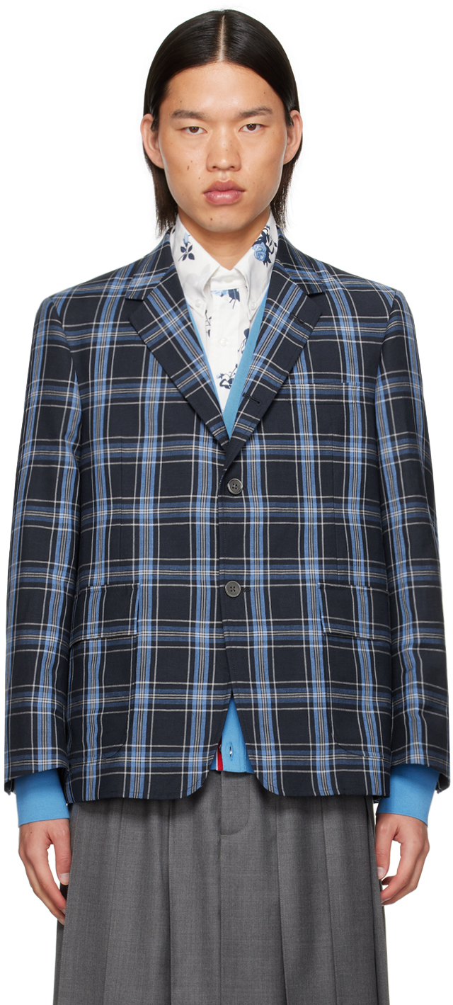 Thom Browne Unstructured Straight Fit Plaid Cotton Sport Coat In Dark Navy