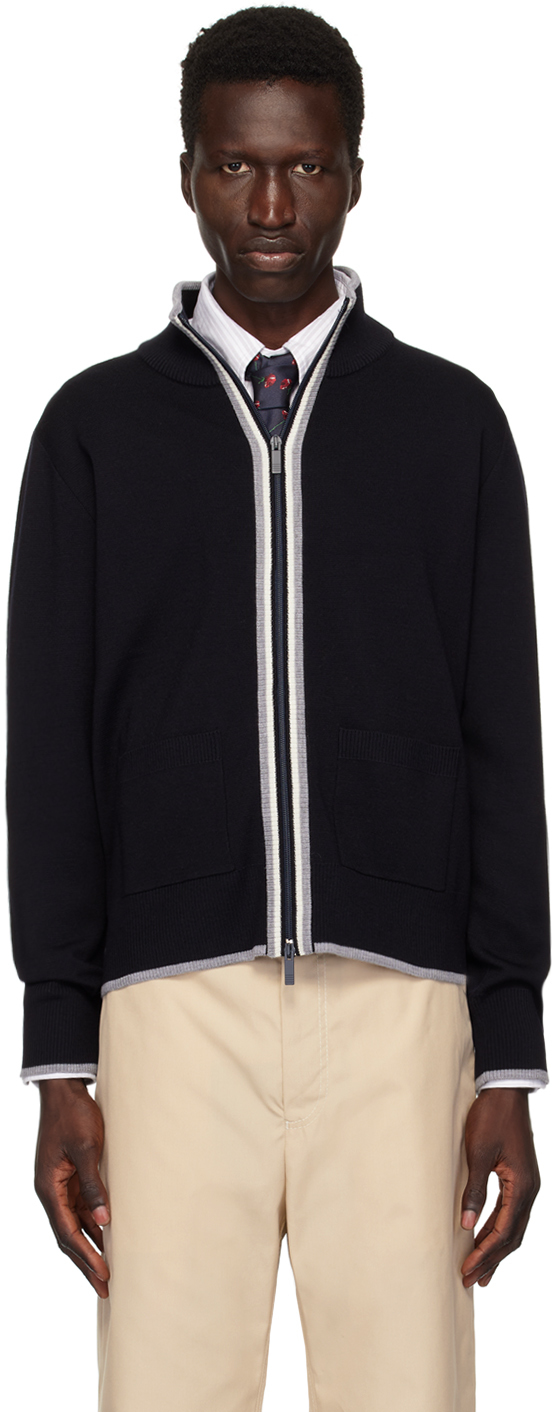 Thom Browne Navy Zip Cardigan SSENSE