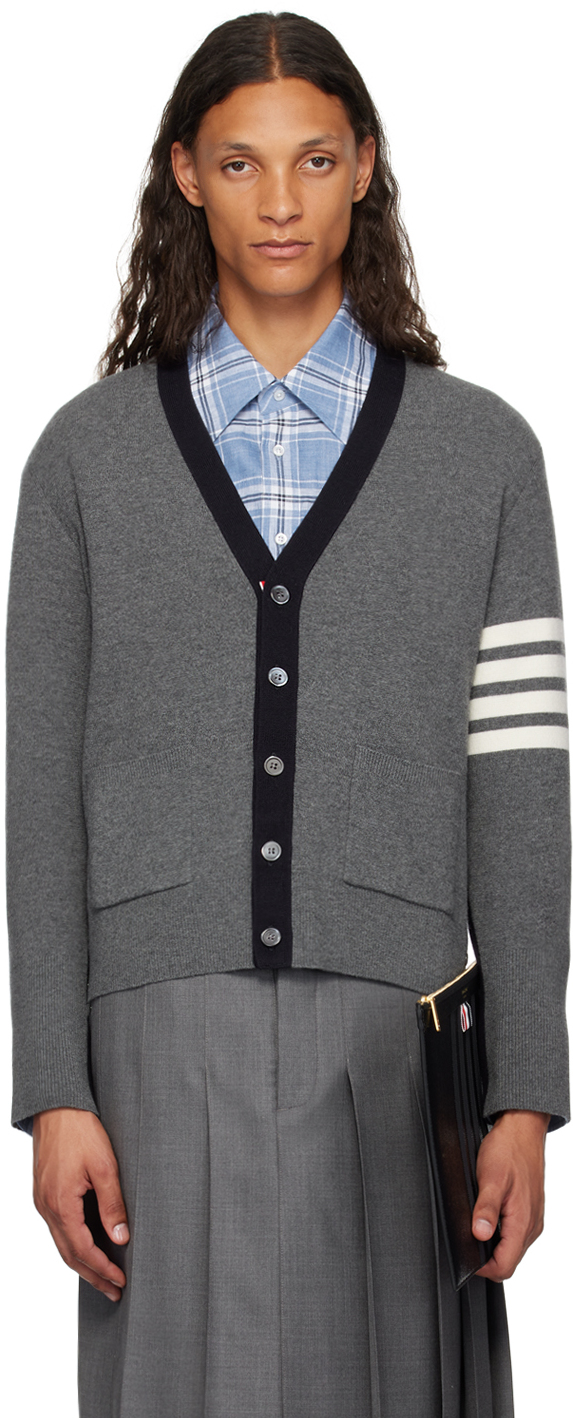 Shop Thom Browne Gray & Navy 4-bar Cardigan In 035 Med Grey