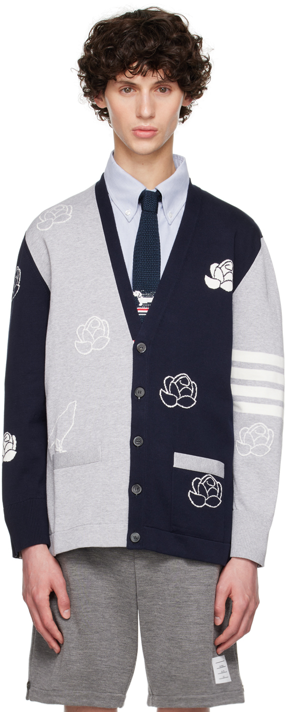 Shop Thom Browne Navy & Gray Funmix 4-bar Rose & Raven Cardigan In 989 Navy/grey