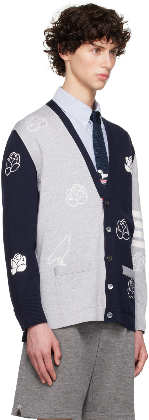 THOM BROWNE NAVY & GRAY FUNMIX 4-BAR ROSE & RAVEN CARDIGAN