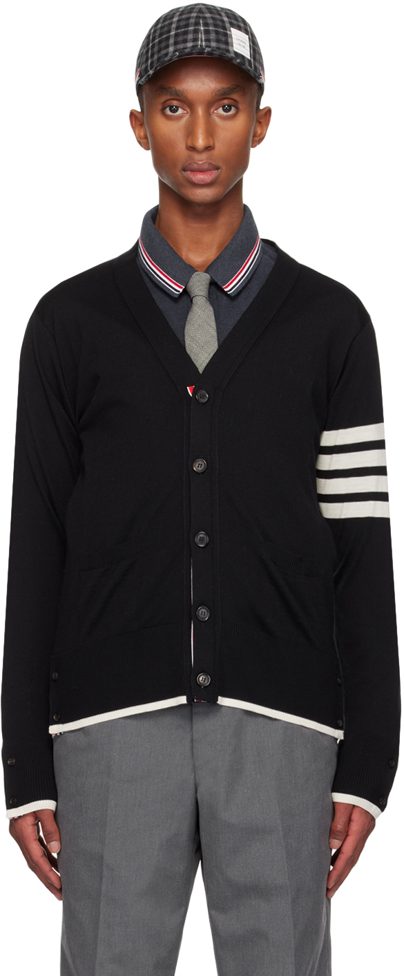 Thom Browne: Black Fine Wool 4-Bar Relaxed Fit Cardigan | SSENSE