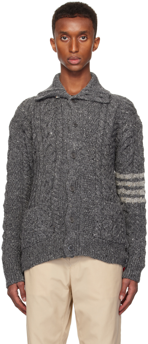 Shop Thom Browne Gray Donegal Mixed Cable Stitch 4-bar Cardigan In 035 Med Grey