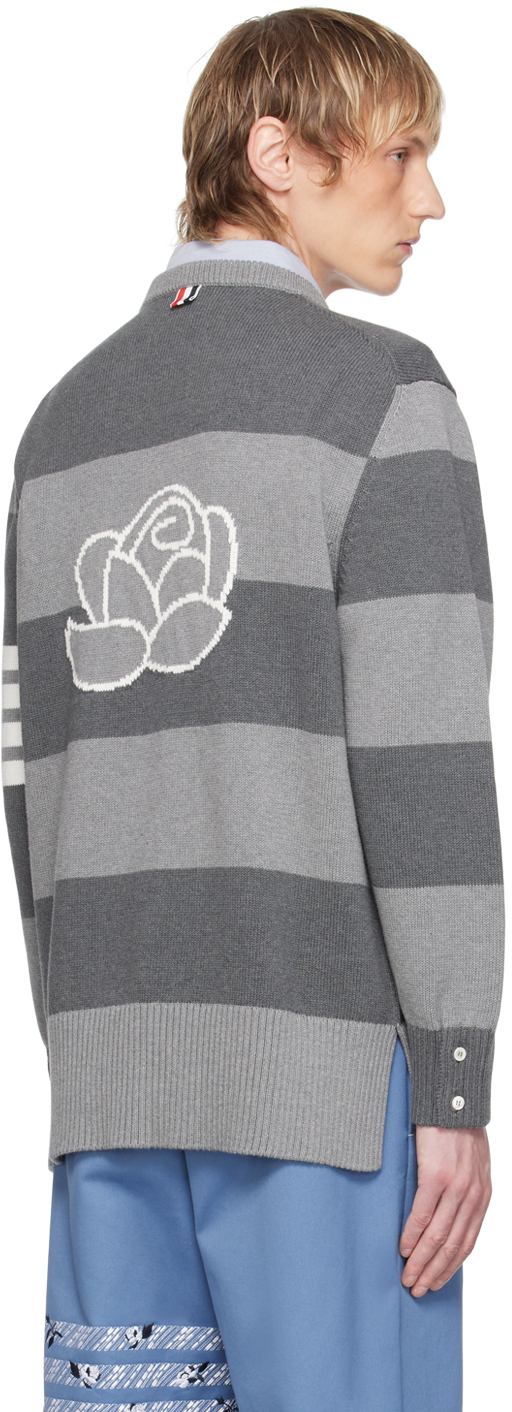 Thom Browne Rose Icon Intarsia Striped Sweater In 982 Tonal Grey