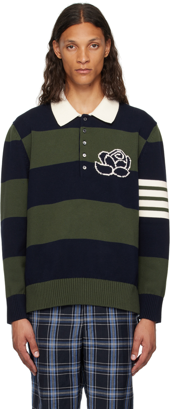 Thom Browne Khaki & Navy Striped Polo In Green
