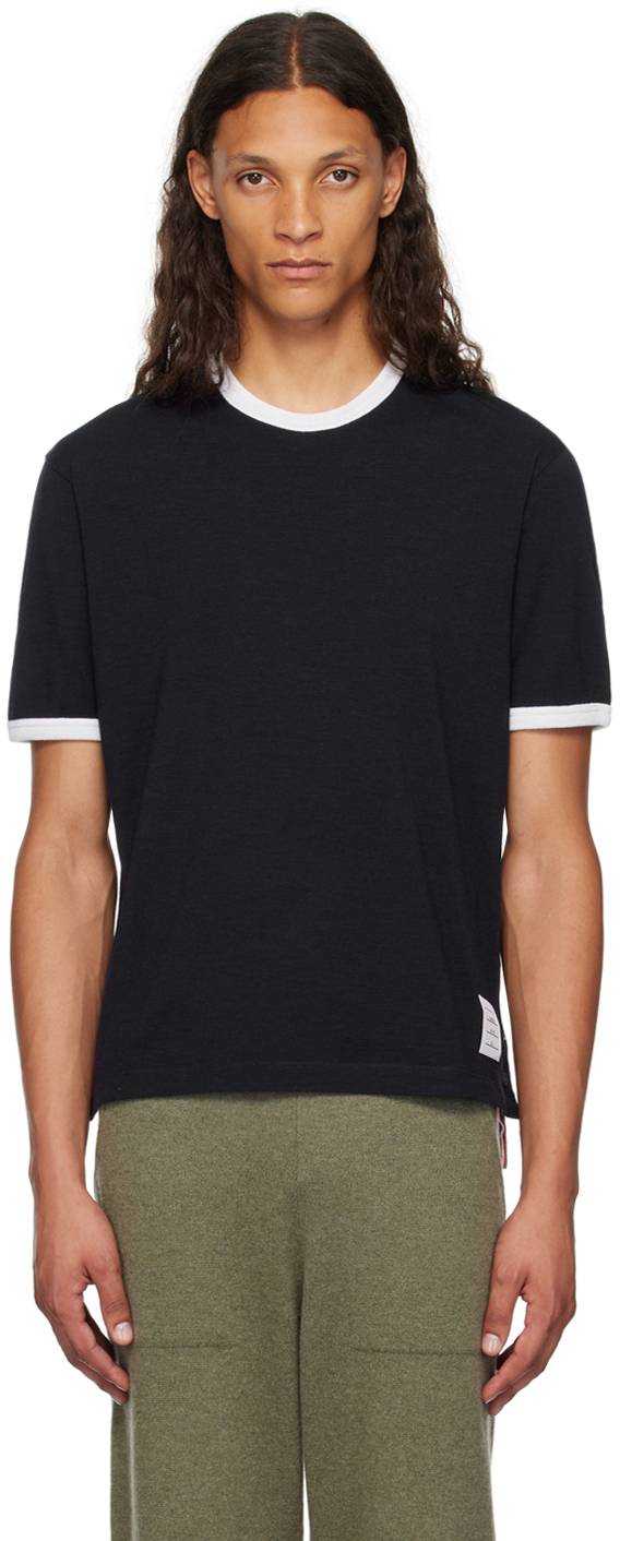 Shop Thom Browne Navy Ringer T-shirt In 415 Navy