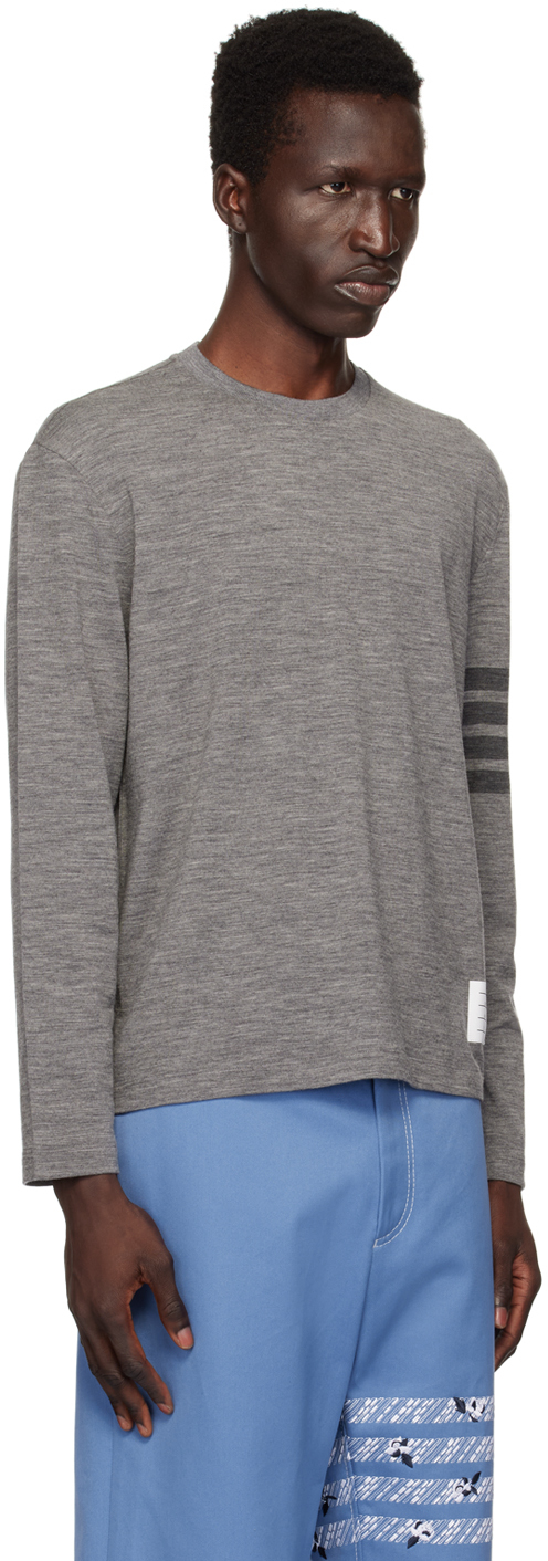 Thom Browne Heathered Grey Long-sleeve Knit Top With Subtle Stripe In Gray