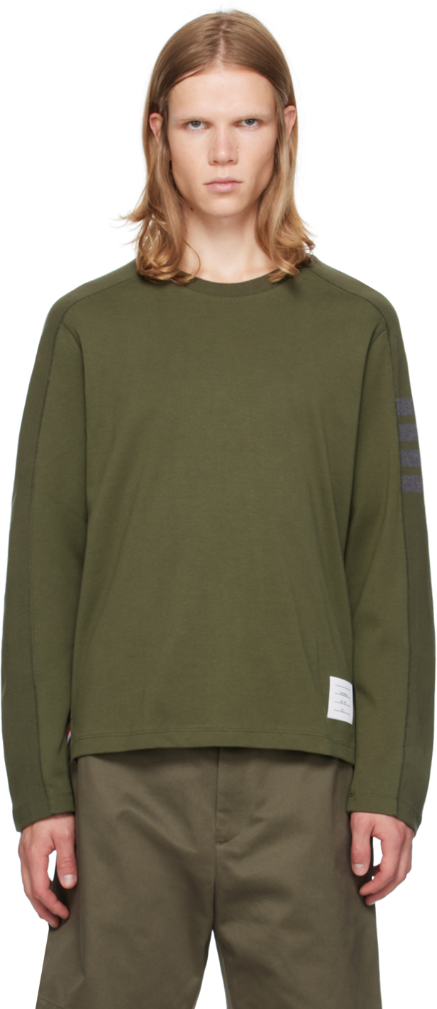 【関税込み】Thom Browne カーキ 4-Bar 長袖Tシャツ Thom Browneのカーキ 4-Bar 長袖Tシャツがセール中